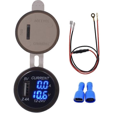 Compatible avec l'adaptateur secteur universel pour chargeur USB à port unique de voiture 2,4 A 5 V IP66, avec voltmètre numérique LED + ampèremètre + câble de 60 cm. (1/4)