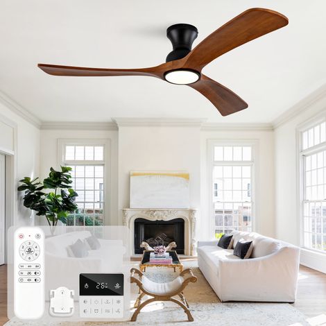 Ventilateur de Plafond Bois Massif Noyer 132cm Moteur DC Silencieux avec LED Régulable 3CCT Télécommande et Contrôle Mural Fonction Réversible Noir (1/5)