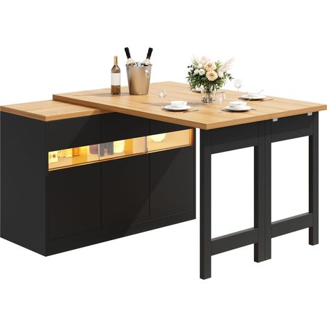 Table de bar extensible avec éclairage LED et rotation à 360°, longueur réglable 120-180cm, table îlot de cuisine moderne avec rangement, pour salon, salle à manger, bureau à domicile (1/5)
