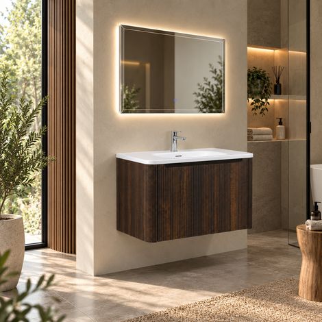 Meuble salle de bain design simple vasque TWILIGHT largeur 80 cm noyer rainuré (1/5)