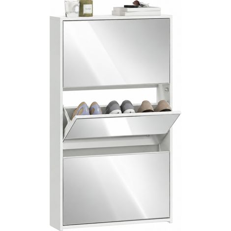 Meuble à chaussures - HOMCOM - 9 paires - 3 tiroirs rabattables et portes miroirs - bois - 65x17x114,5cm - blanc (1/5)