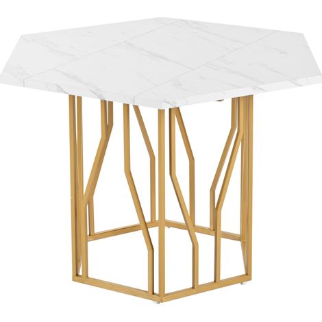 Table à manger hexagonale moderne en MDF effet marbre avec structure métallique dorée (1/5)
