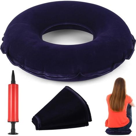 Cuscino gonfiabile a forma di ciambella in velluto blu scuro – Cuscino ergonomico antidecubito (38 cm) per una seduta confortevole, pompa di gonfiaggio inclusa. (1/5)