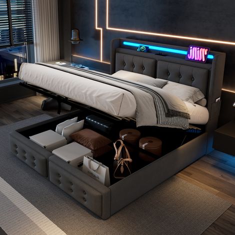 Bett mit Stauraum 180x200 cm, Baumwoll-Leinenstoff Grau, mit LED-Kopfteil, USB-C und Lattenrost