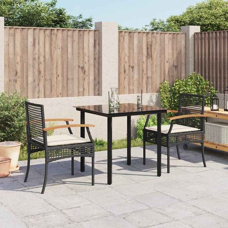 Salon de jardin 3 pièces en résine tressée noir, table et 2 chaises avec coussins écru - PANGIVO (1/5)