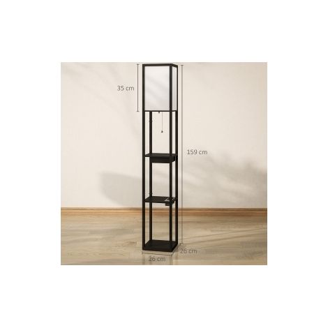 Lampadaire avec 3 étagères, prise E27, ports USB-A et USB-C, abat-jour en tissu, blanc et noir (1/5)