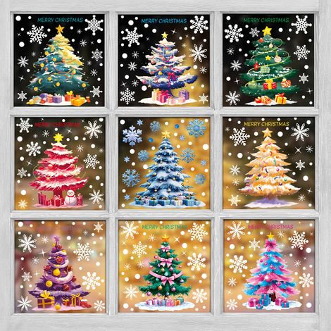 Autocollants de Noël pour fenêtres : Père Noël, sapin de Noël, flocons de neige, décoration festive, autocollants statiques pour vitres - [Neuf combinaisons] 535+545-552