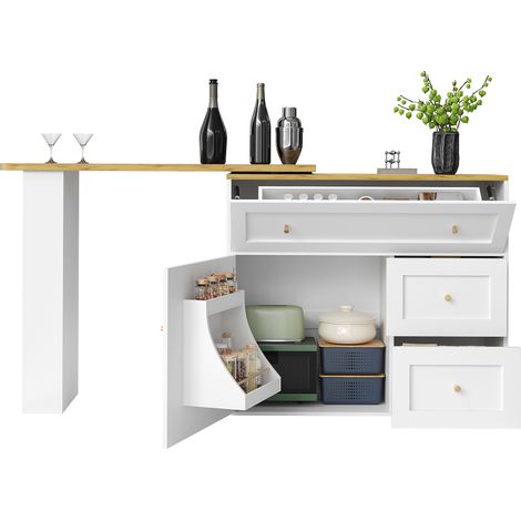 Table de bar extensible avec rangement (138-204×39×105cm), meuble de cuisine, buffet avec étagère à snacks, table de bar télescopique, table haute de bistrot, îlot de cuisine, blanc (1/5)
