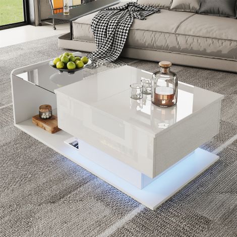 Table basse blanche haute brillance  table d'appoint  table basse dotée d'un plateau en verre et d'effets d'éclairage LED.