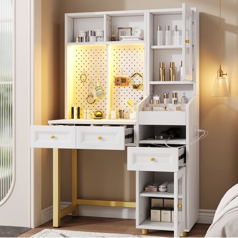 Coiffeuse bureau avec LED, 100x45x156 cm, 3 tiroirs, station de charge, vitrine en verre, blanc et doré (1/5)