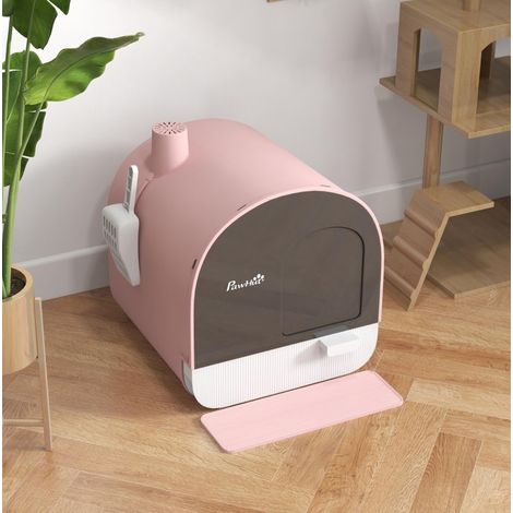 Lettiera per gatti con coperchio, pala e tappetino, plastica rosa/nera HAVRYA (1/5)