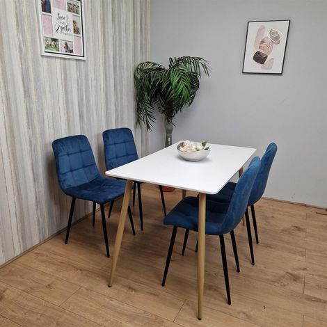 Wooden Dining Table Set for 4 White Wooden Table and 4 Blue Velvet Chairs (1/5)