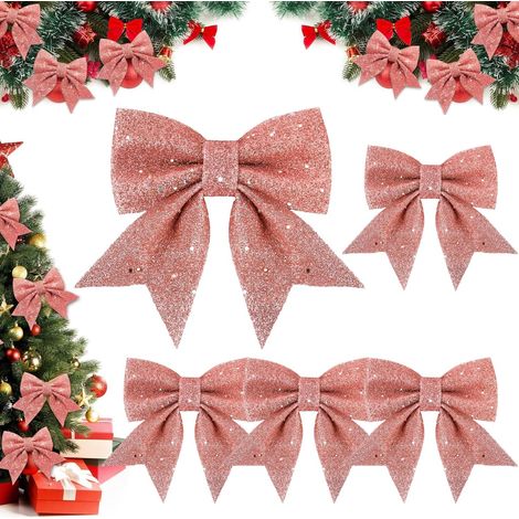 Lot de 5 nœuds décoratifs de Noël, nœuds décoratifs à paillettes, nœuds roses pour sapin de Noël, cheminée, couronne, guirlande, fournitures de fête, 1 grand nœud à paillettes + 4 nœuds roses (1/5)