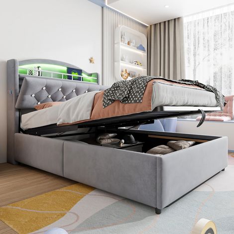 Letto contenitore 90x200cm Tessuto in velluto grigio idraulica prese USB caldo letto matrimoniale per adolescenti adulti (Nessun materasso) (1/5)
