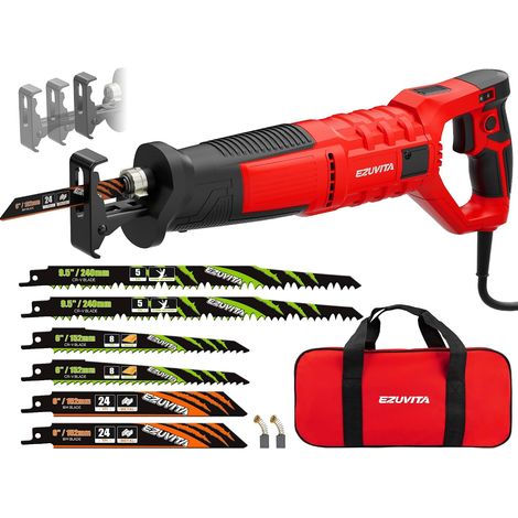 Scie Sabre 850W pour Bois, Métal, PVC et Élagage, Course de 28mm, 2800 SPM, 6 Vitesses, Poignée Rotative à 180°, Semelle avant Pivotante Réglable, 6 Lames et Sac de Transport Inclus (1/5)