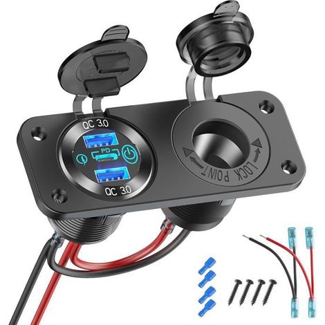 Prise USB 12V Marine Interrupteur Panneau Prise 12 Volt, PD3.0 et Double Port USB QC3.0 Chargeur de Voiture Enaluminium, Prise (1/5)