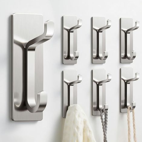 Patères murales pour manteaux et serviettes : crochets adhésifs pour portes, capacité de charge de 6 kg, argentés, lot de 6 (1/5)