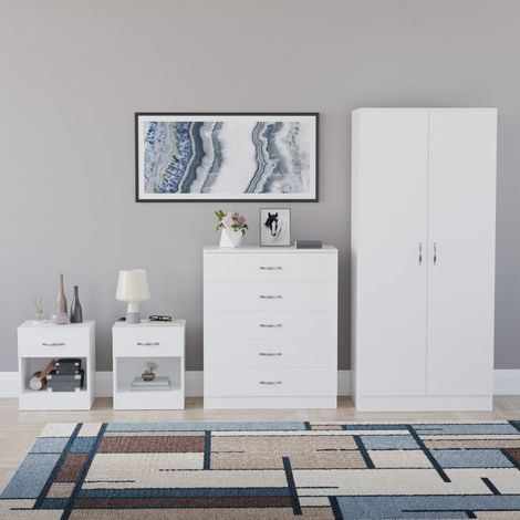 Riano 4 Piece Bedroom Set (1 Drawer Bedside Chest, 5 Drawer Chest, 2 Door Wardrobe) White (1/5)