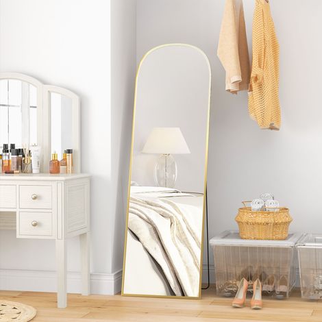 Miroir sur pied moderne arqué, 50 x 170 cm, miroir pleine longueur mural ou à poser, avec cadre et support en alliage d'aluminium, pour chambre, salon et entrée, doré (1/5)
