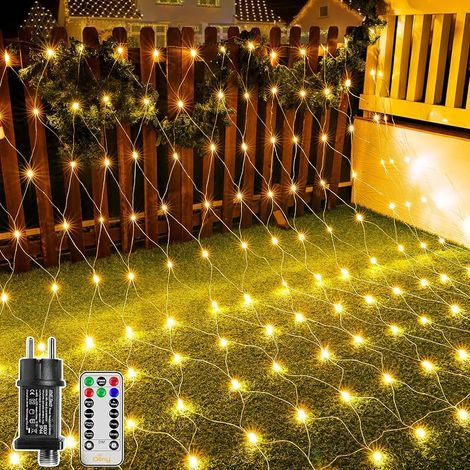 Filet lumineux extérieur 3x2m, 200 LED, guirlande lumineuse d'extérieur, blanc chaud, avec télécommande et minuterie, filet lumineux d'intérieur étanche, 8 modes pour buissons, jardin, balcon (1/5)