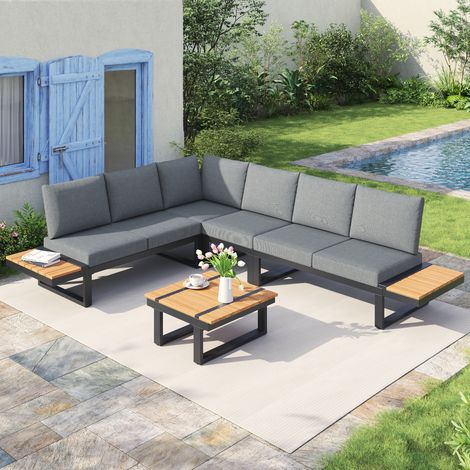 Seyakany - Ensemble canapé d’angle de jardin modulaire - combinable librement, convertible en lits, table avec rangement - Structure acier galvanisé (1/5)