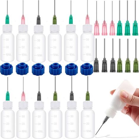 Lot de 12 flacons doseurs de 30 ml avec embout aiguille et capuchon - Applicateur de colle à pointe ultra-fine - Flacons de colle rechargeables - Flacon doseur - Tubes de colle (1/5)