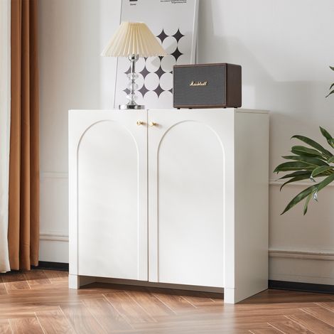 Credenza bassa a 2 ante, 80x40x80 cm, mobile contenitore per soggiorno e camera da letto, in legno con elegante motivo ad arco e maniglie dorate, bianco crema (1/5)
