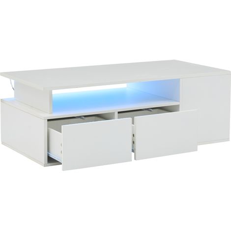 ELVMI Couchtisch mit 2 Schubladen, 1 offenem Fach und 3 Seitenfaechern, LED mit USB, fuer Wohnzimmer, Weiss 100 x 50 x 35 cm (1/5)