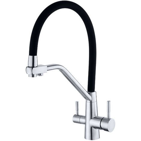 Robinet de Cuisine 3-en-1 en Laiton avec Filtration d'Eau - Mitigeur Évier Extractible à Double Commande, pour Eau Chaude/Froide et Eau Purifiée (Osmose/RO) - Bec Orientable Haute Incurvation avec Dou (1/2)