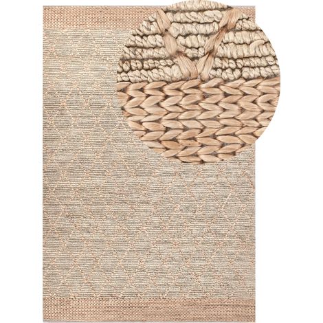 Tappeto Runner in iuta intrecciato a mano con motivo geometrico Boho Rustico 200 x 300 cm Corridoio Beige Tellikaya