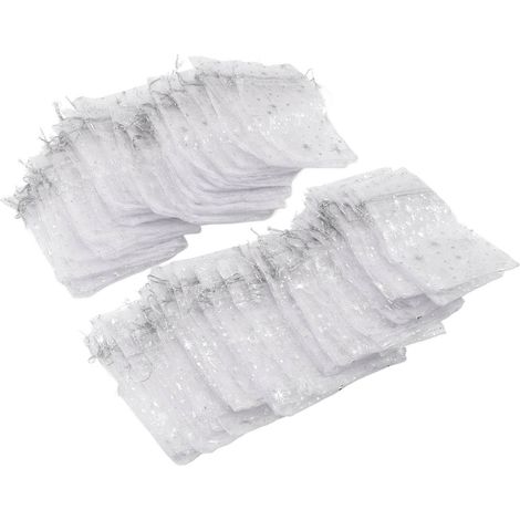 Lot de 50 sacs en filet transparent à cordon, ornés d'un joli motif d'étoiles. Sacs cadeaux transparents parfaits pour les mariages, les églises et autres occasions. (1/5)