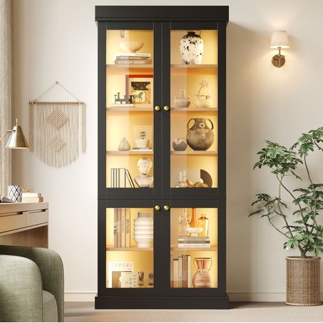 Armadio alto 80x40x180 cm, LED regolabile, 2 dispositivi antiribaltamento, MDF e vetro, nero (1/5)