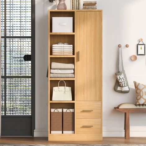 Armoire dressing 70x50x170 cm avec 2 tringles, 2 tiroirs et étagères - bois/MDF - Naturel (1/5)