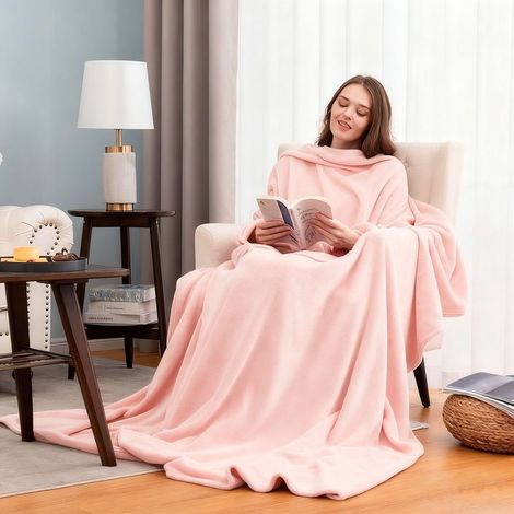 Couverture TV avec manches et poche, couverture à porter duveteuse, douce et chaude, confortable et confortable pour femme et homme en cadeau, 170x120cm, Rose (1/4)