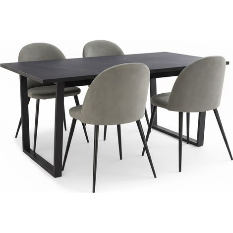 Tilst Essgruppe Tisch schwarz Marmor Print 90x160 4 Stühlen Velour grau.