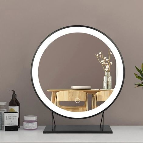 (Weiß) WSdwqaa LED-Schminkspiegel – Runder schwarzer Rahmen Ø 40 cm – Kaltweiß 6500 K (1/4)