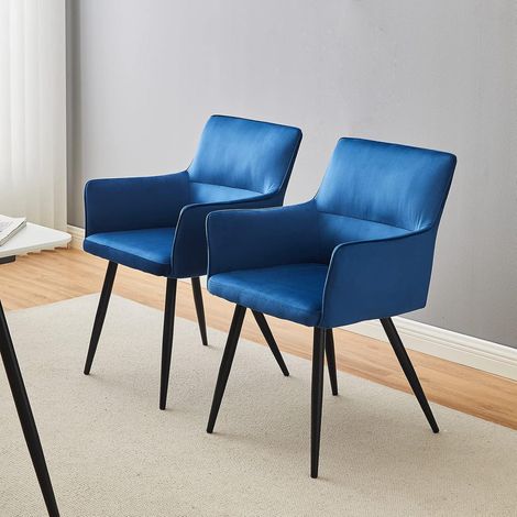 Lot de 4 chaises de salle à manger en velours bleu avec accoudoirs et pieds en métal (1/5)
