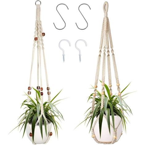 Lot De 2 Cintres pour Plantes, Panier De Jardinière Suspendu en Macramé D'intérieur avec Perles en Bois, Cintre Décoratif en Macramé pour Décoration D'intérieur avec 4 Crochets (1/4)