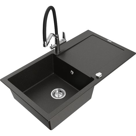 Mexen Leo fregadero de granito de 1 seno con escurridor y grifo de cocina Duo, negro/dorado metálico - 6501-75-671701-07 (1/5)