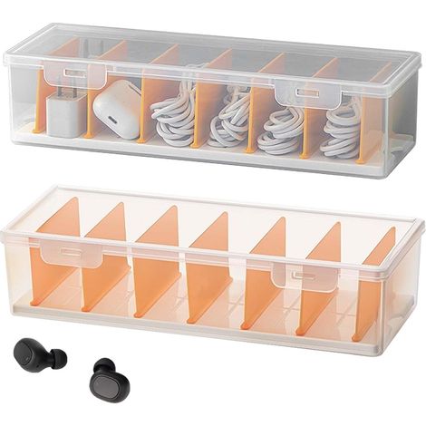 Set di 2 organizer per cavi dati, box per cavi, plastica trasparente, organizer per cavi, scatola con 7 uitneembare scheidingswanden, organizer per cavi die individueel kunnen worden aangepast (1/5)