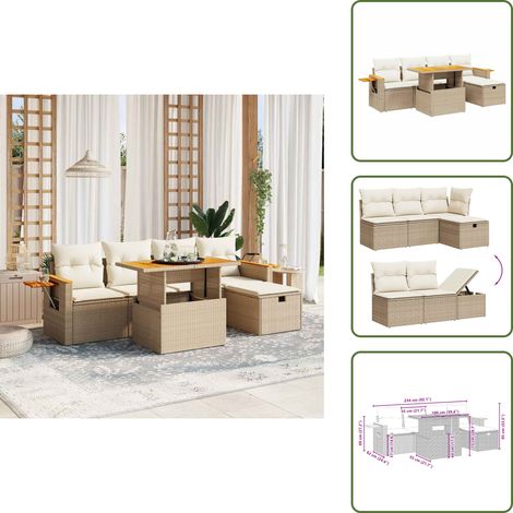 Salon de jardin avec coussins 6 pcs beige résine tressée - Ensemble Salon De Jardin - Meuble Extérieur - Résine Tressée - Rotin Synthétique - Table Extensible (1/5)