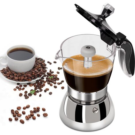 4 Tasse en Plastique Transparent Moka Cuisinière en Acier Inoxydable non Enrobée Espresso Cafetières Italiennes Mocha Greca Machine Café Cuisinières à Induction Classiques Home 200ml (1/5)