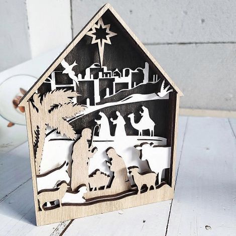 Crèche de Noël sculptée avec l'Enfant Jésus et des moutons, maison en bois, décoration religieuse chrétienne, cadeau catholique pour Pâques (1/4)