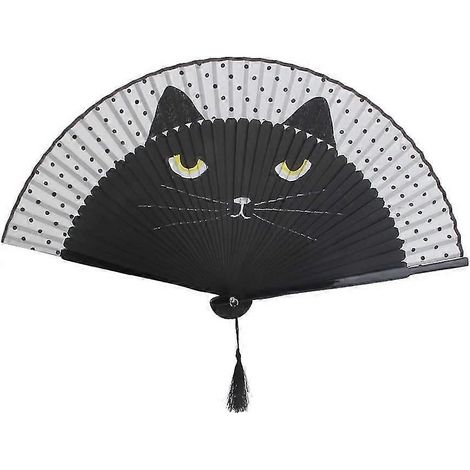 Éventail pliant pour femme, éventail portable, éventail en soie pliable avec chat de dessin animé (1 pièce, noir) (1/5)