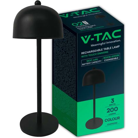Lámpara de mesa LED recargable V-TAC de 3 W, metal negro, táctil y regulable, 3 en 1