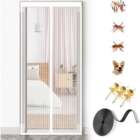 Rideau de porte anti-moustique magnétique 90 x 210 cm, moustiquaire avec aimants et autocollants, rideau de porte en maille mains libres, blanc (1/5)
