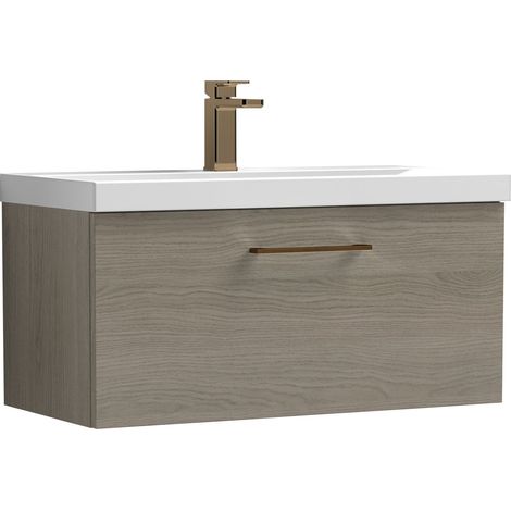 Balterley 800mm Wall Hung Bathroom 1 Drawer Vanity Unit and 1 Tap Hole Ceramic Basin, Woodgrain Mid Oak with Brushed Bronze Handle (1/5)