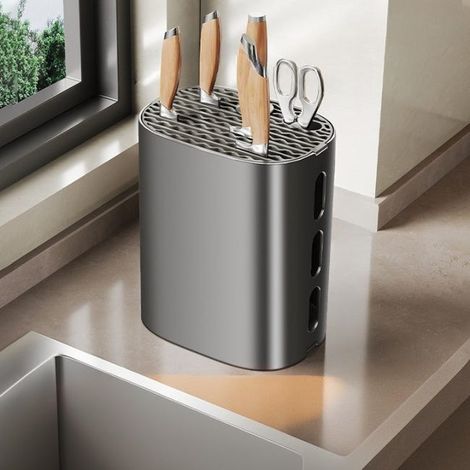 Étagère de cuisine pour couteaux, porte-couteaux, support de rangement pour ustensiles, avec plateau égouttoir, 22×17×12 cm - Noir