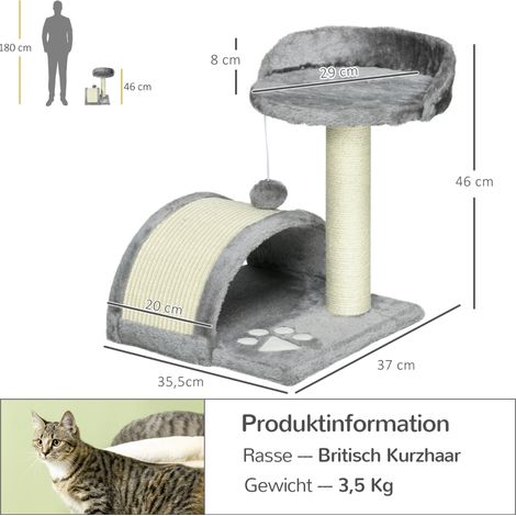 Arbre à chat 46 cm, tour d'escalade avec tanière, boule de jeu, corde naturelle en sisal, plateforme haute, griffoir intégré. Idéal pour chaton ou petit chat (max 4 kg). Couleur gris. (1/5)