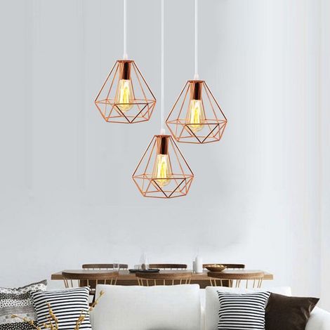 – Suspension lustre industriel en métal doré rose – 3 abat-jour diamant – Dimensions abat-jour 20x20cm – Longueur câble 100cm réglable (1/5)